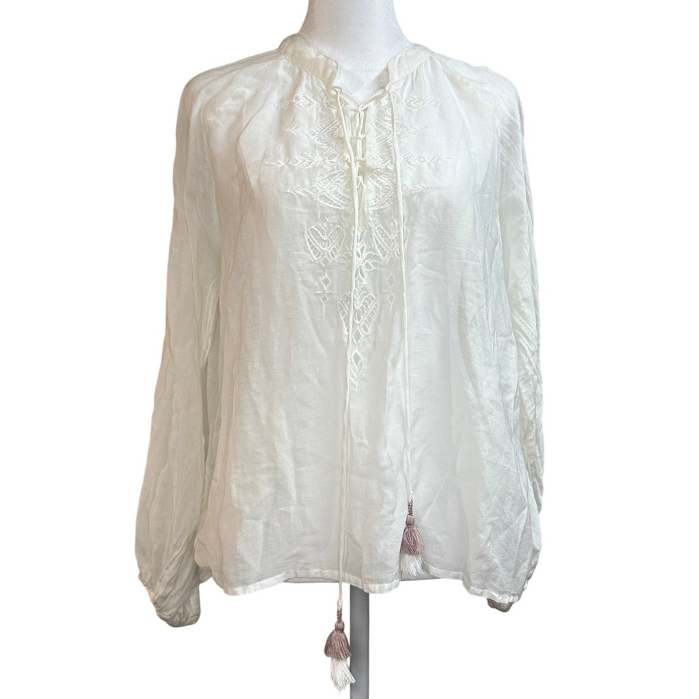 Johnny Was White Silk Cotton Embroidered Boho Peasant Blouse Tassels‎ Top Small